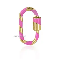 14K Yellow Gold Plated Twisted Shape Pink Enamel Carabiner Lock Jewelry