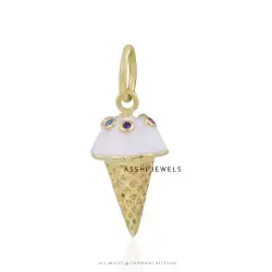 14k Yellow Gold Plated Multi Cubic Zirconia Ice Cream Cone Enamel Charm Jewelry