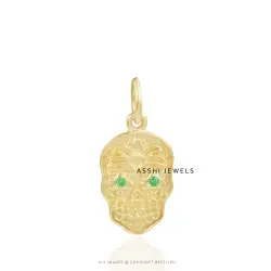14K Yellow Gold Plated Green Cubic zirconia Skull Charm Jewelry