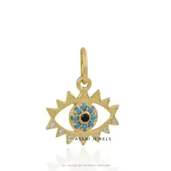 14K Yellow Gold Plated Turquoise Evil Eyes  Cubic Zirconia Charms Jewelry