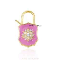 14K Yellow Gold Plated Enamel Cubic Zirconia Padlock Jewelry