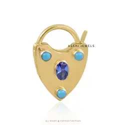 14K Yellow Gold Plated Blue Topaz & Turquoise Padlock Jewelry