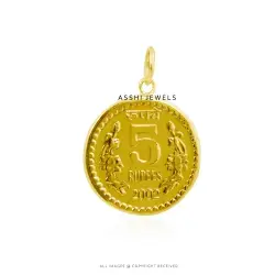 14K Yellow Gold Plated Five Rupees Coin Pendant Jewelry