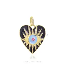 14K Yellow Gold Plated Diamond Enamel Heart Pendant Evil Eye