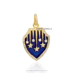 14K Yellow Gold Plated Diamond Star Dot Enamel Shield Pendant Jewelry