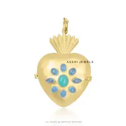 14K Yellow Gold Plated Chalcedony Gemstone Heart Pendant Padlock Jewelry