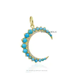 14K Yellow Gold Plated Turquoise & Topaz Moon Pendant Jewelry