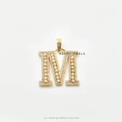 14k Yellow Gold Plated Pearl  Diamond M  Letter Pendant Jewelry