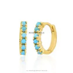 14K Yellow Gold Turquoise Tiny Hoop Earring Jewelry