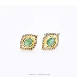 14K Yellow Gold Plated Diamond & Emerald Stud Evil Earring Jewelry