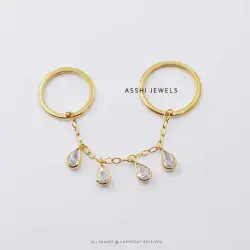 14k Yellow Gold Plated Two Finger Chain Ring Drop Chain Ring Drop Jewelry