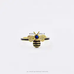 14K Yellow Gold Plated Diamond Bee Enamel Ring
