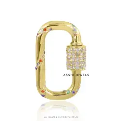 14K Yellow Gold Plated Diamond Multi Stone Square Carabiner Lock Jewelry