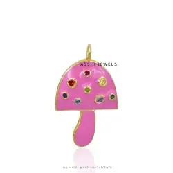 Enamel Multi CZ Mushroom Pendant  Yellow Gold Plated Silver Jewelry