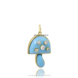 Turquoise White CZ Mushroom Pendant in Gold Plated Silver