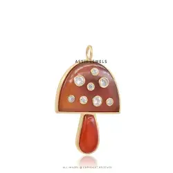Gold Plated Silver White CZ & Carnelian Mushroom Pendant Jewelry