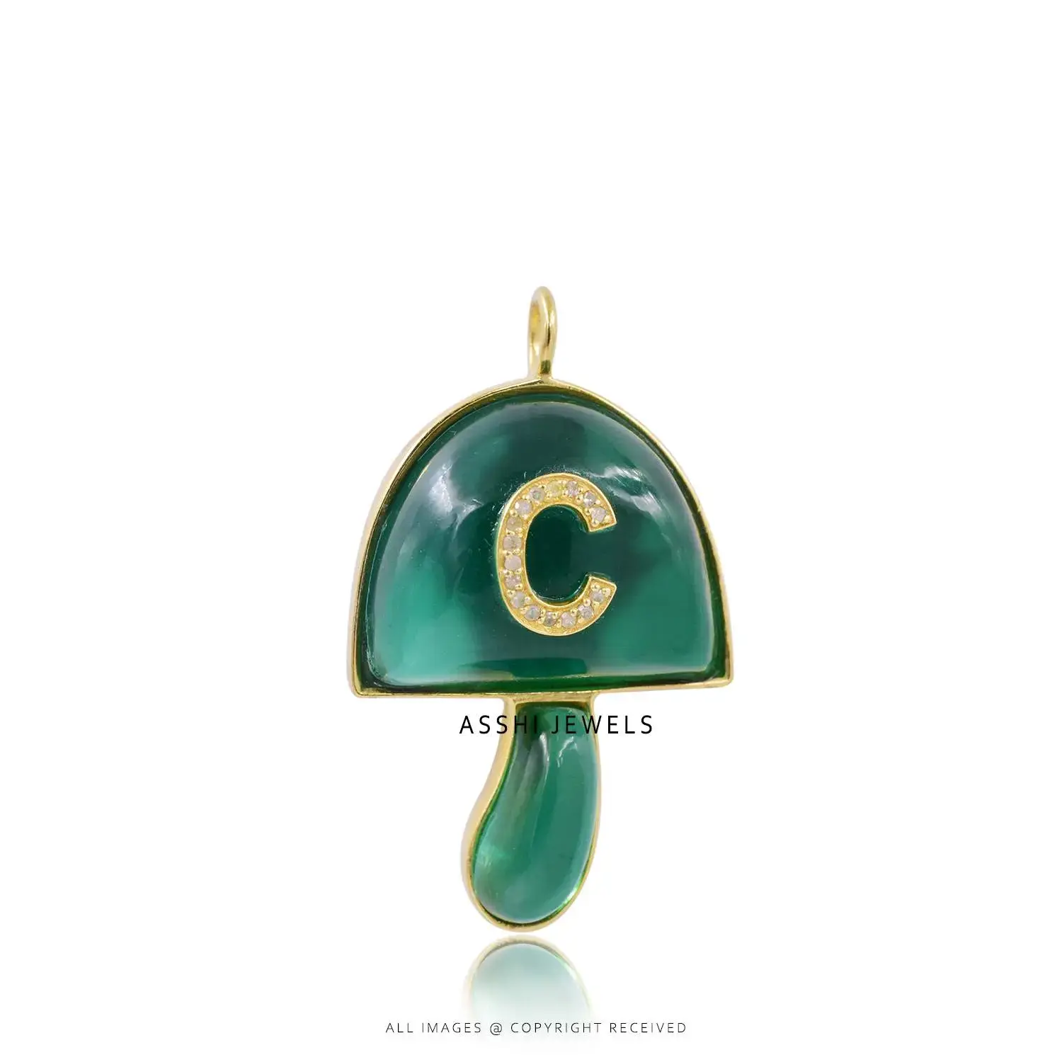 Diamond C Initial & Green Onyx Mushroom Pendant in Gold Plated Silver