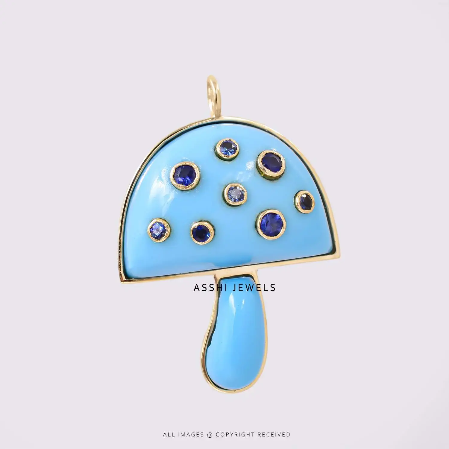 Designer Turquoise Blue CZ Mushroom in Gold Plated Silver
