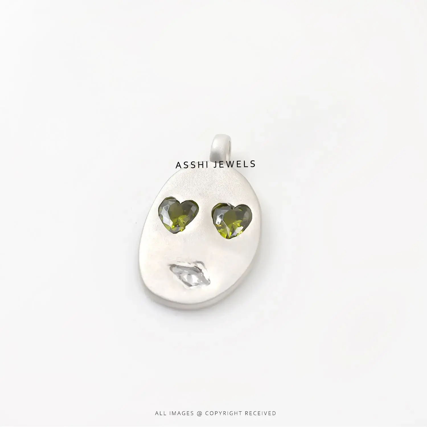 Designer Silver Face Charm with Green CZ Eye & White CZ Mouth Pendant