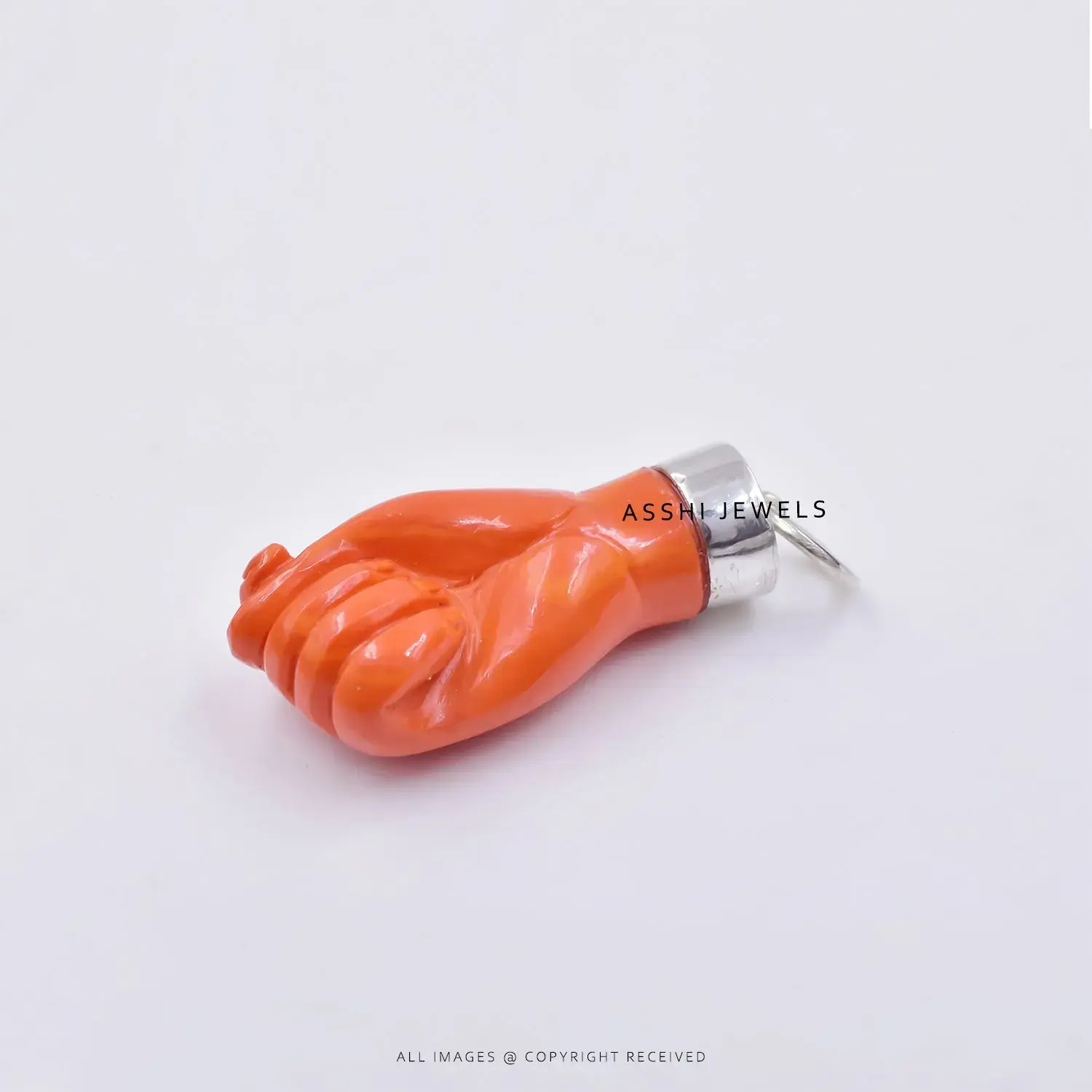 925 Sterling Silver Figa Hand Pendant with Coral Accent