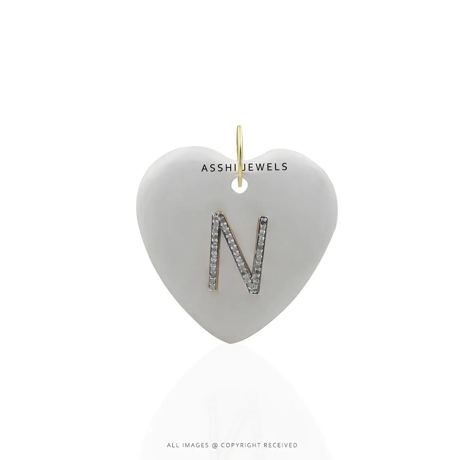 White Agate & Diamond N Letter Heart Pendant – Personalized Jewelry