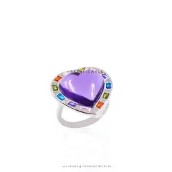 Purple Amethyst Heart Ring with Multi CZ stones - 925 Silver