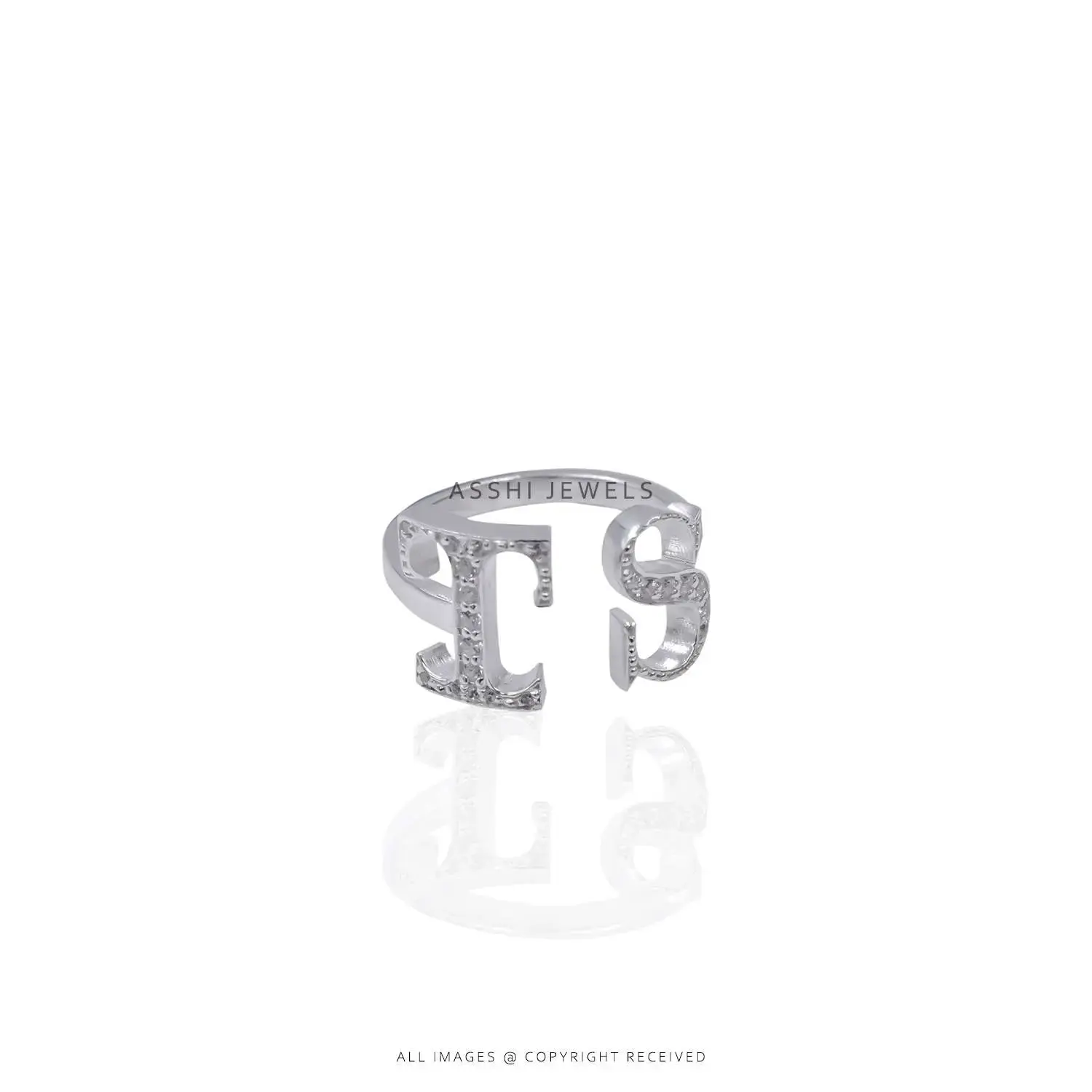TS Letter Ring with Cubic Zirconia - Silver Jewelry