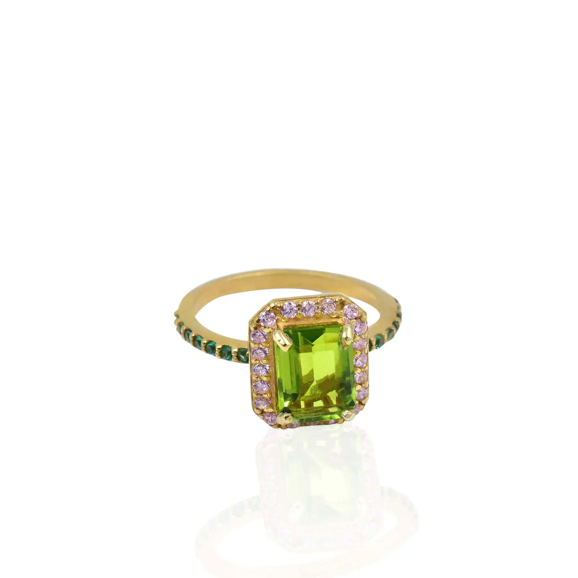 Green Cubic Zirconia Ring - Gold Plated Silver Jewelry
