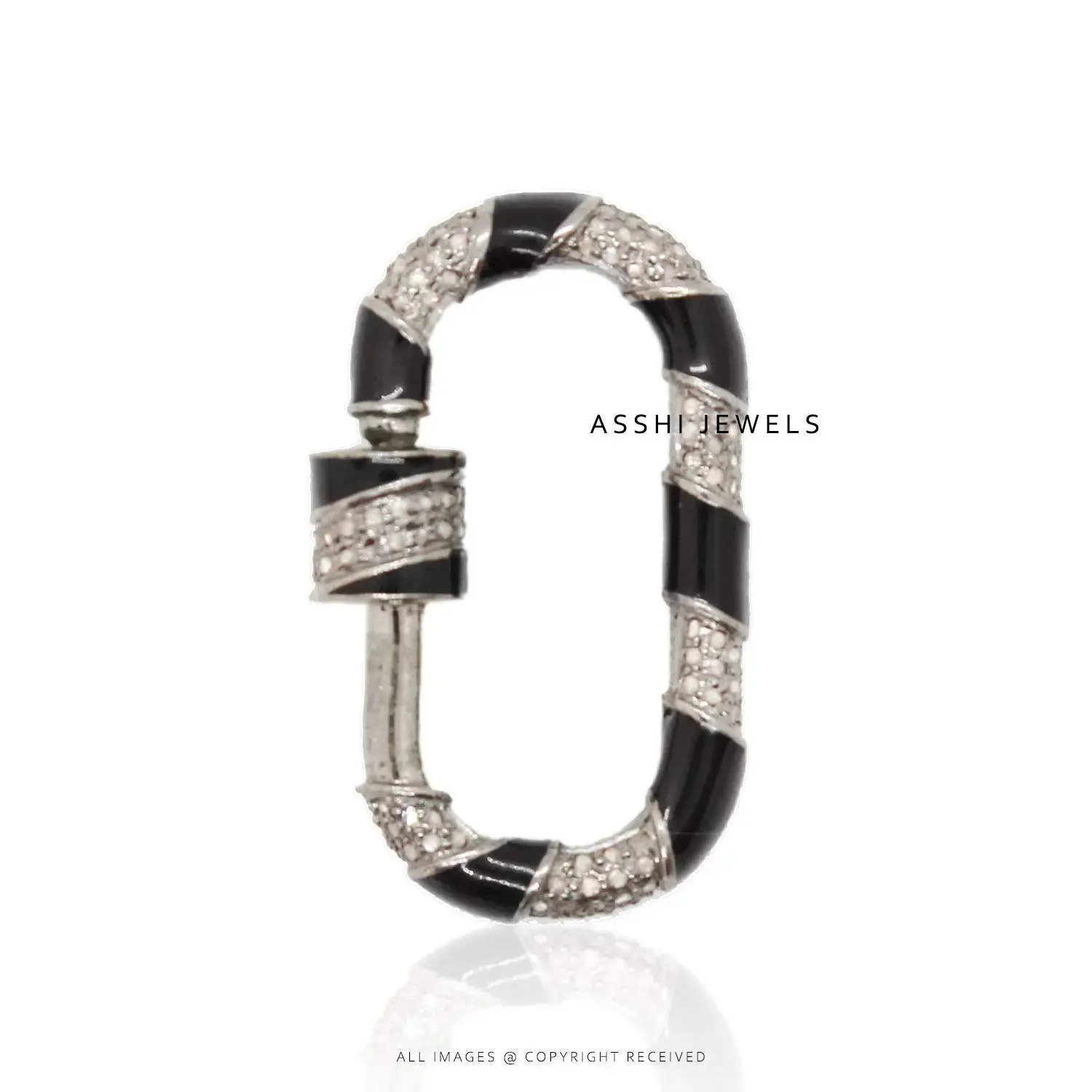 925 Sterling Silver Diamond Black Enamel Carabiner Lock