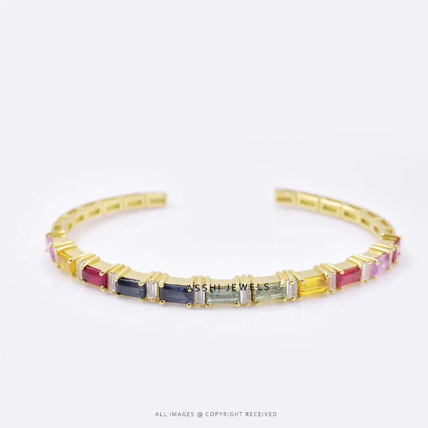 Multi Sapphire Baguette Bangle in 925 Sterling Silver