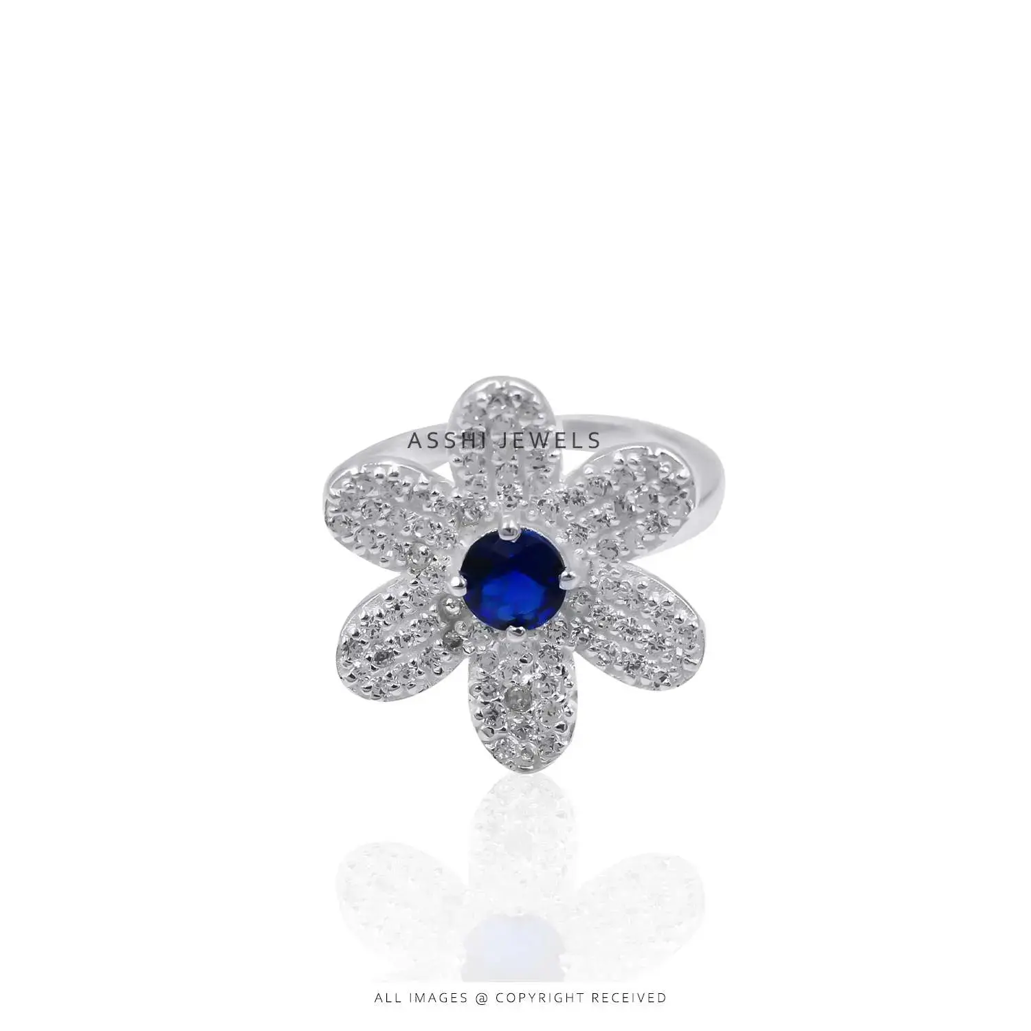 Blue & White CZ Floral Ring in 925 Sterling Silver